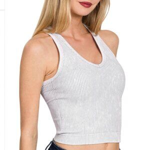 NEW ZENANA WASHED SEAMLESS BRA PADDED V-NECK CROPPED TANK LIGHT GRAY S/M L/XL